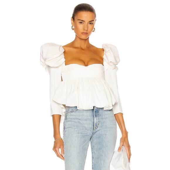 KHAITE Kim Satin Puff Sleeve Peplum Top Blouse- Us 6 White - Picture 1 of 5